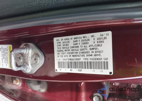 2010 Honda Accord 2.4 Ex-L из США, поврежденный, VIN 1HGCP2F86AA135997